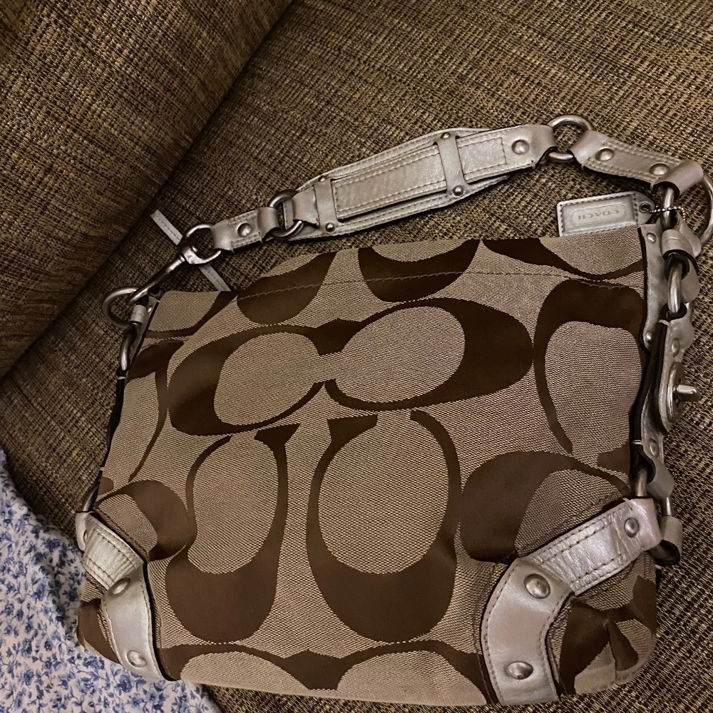 Coach Carly CO826-10619  gold  leather  and Tan Canvas Shoulder Bag